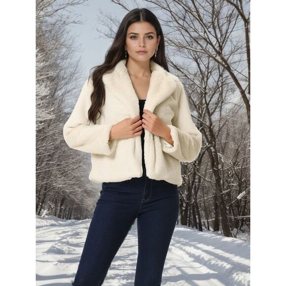 Women's Winter Cropped Jacket Notch Lapel Faux Fur Fluffy Coat Dark Beige - Picture 2 of 5